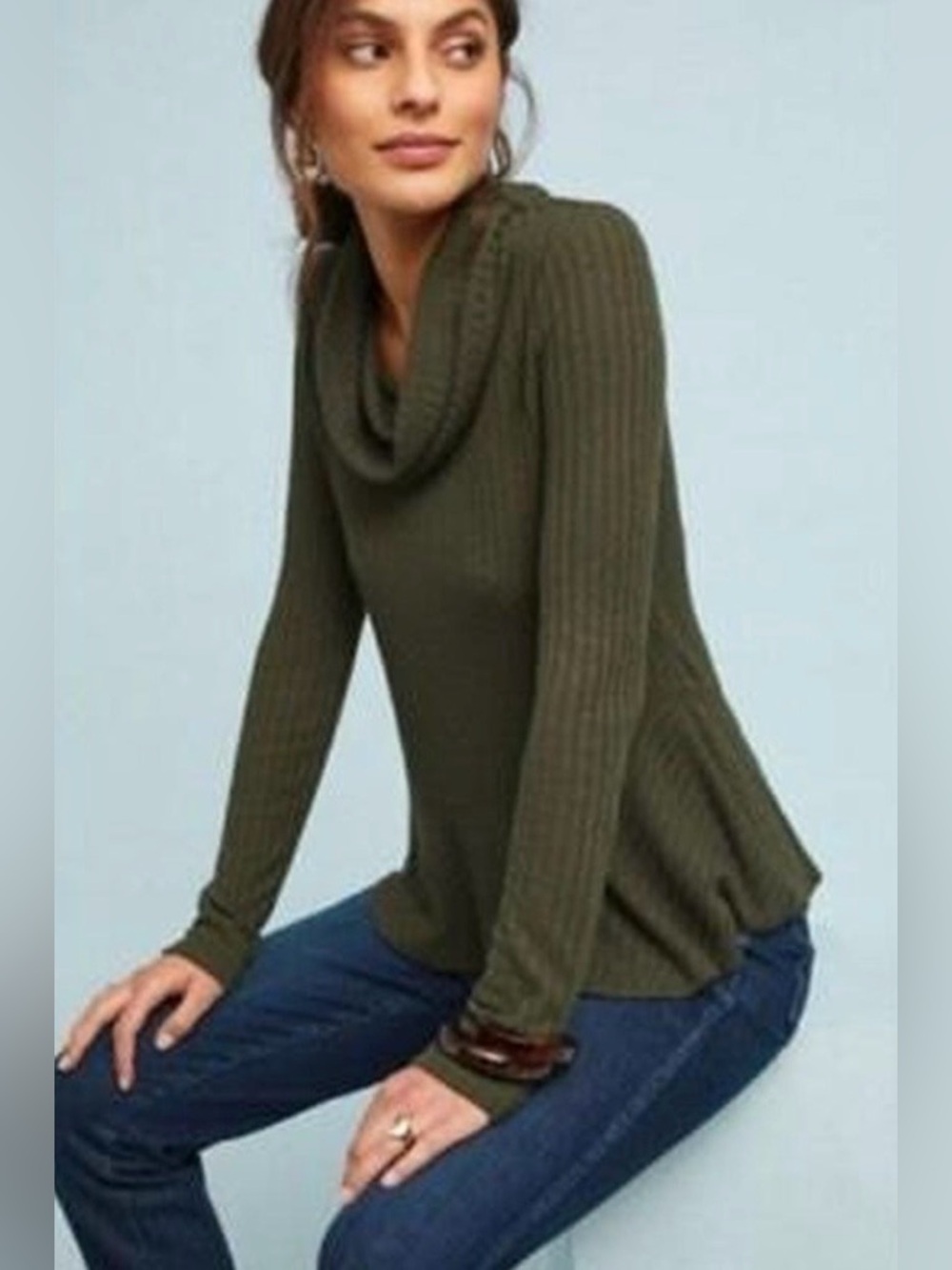 Maeve for Anthropologie Ribbed Knit Top Cowl Neck Flared Hem Olive Green